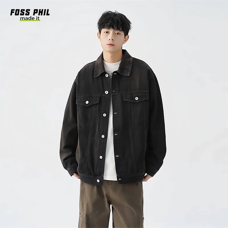 Foss Phil Men's Denim Jacket, Spring And Autumn Casual Retro Trendy Loose Fit Hong Kong Style Workwear Jacket Top FPJK4 Black XL