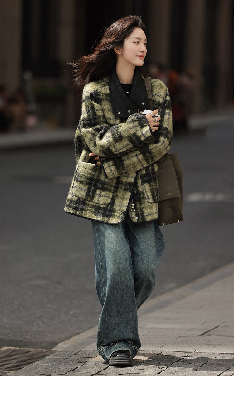 Dme [Vintage Elegant Top] Eye-Catching Plaid Green Relaxed Faux Shearling Jacket for Wome 12