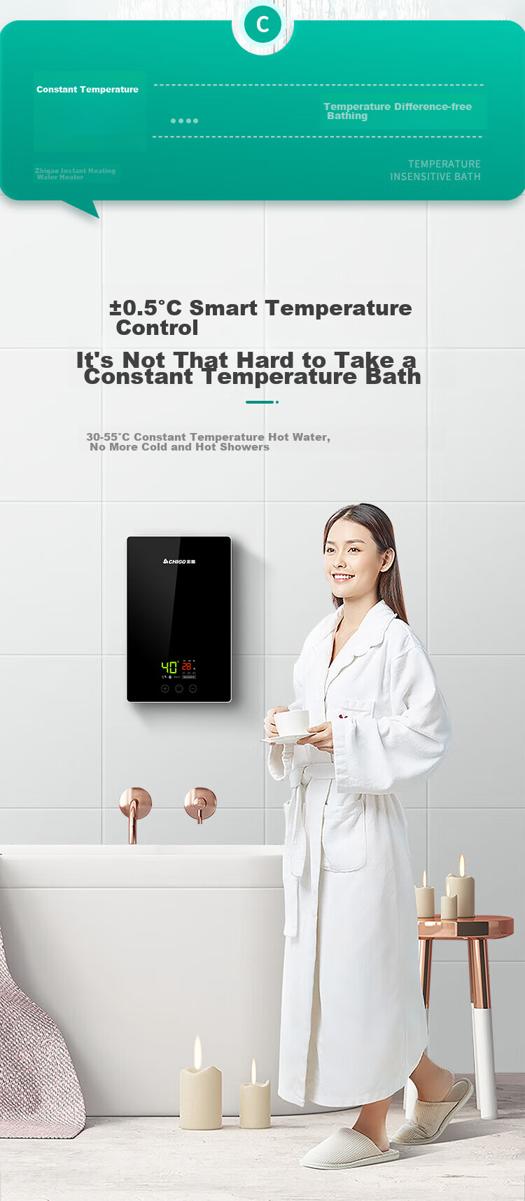 CHIGO Instant Electric Water Heater, 5500W Ultra-Thin Compact Kitchen Treasure, Constant Temperature, for Rental Apartments And Home Use, Bathing, KBR-F60_F60 6