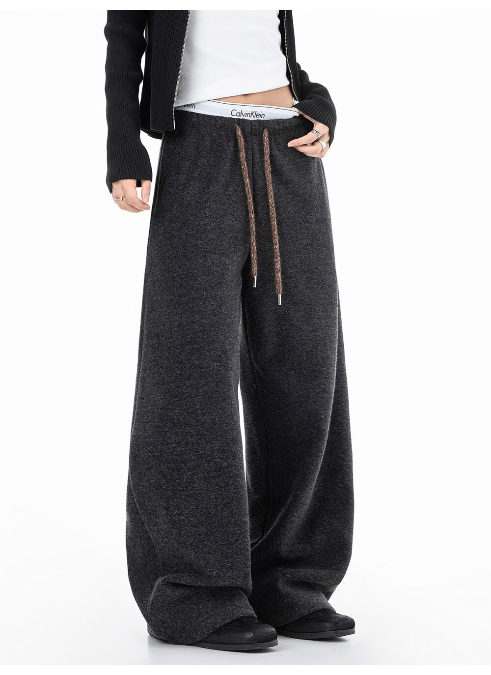 ICH MODE Women's American Style Fleece-Lined Casual Loose Fit Lazy Straight Wide-Leg Sports Pants Thickened Sweatpants Glutinous Rice Color XL 13