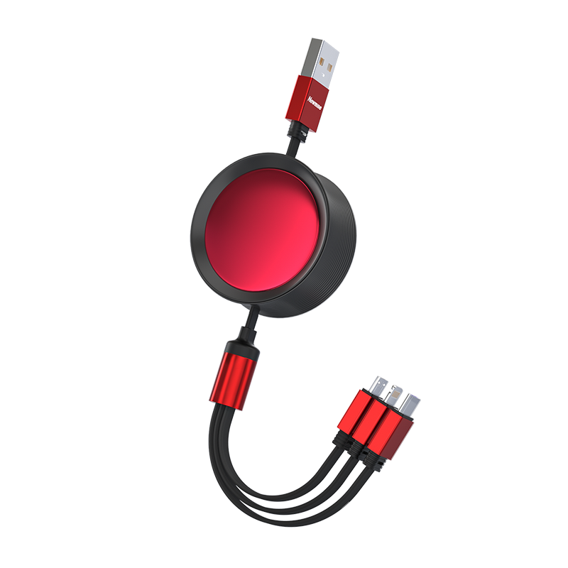 Newmine Charger Cable, Three-In Retractable Data Cable, 22.5W Fast Charging, Multi-Headed, for Apple Type-C And Android Phones, Car Charger, Fast Charging Version, Black And Red