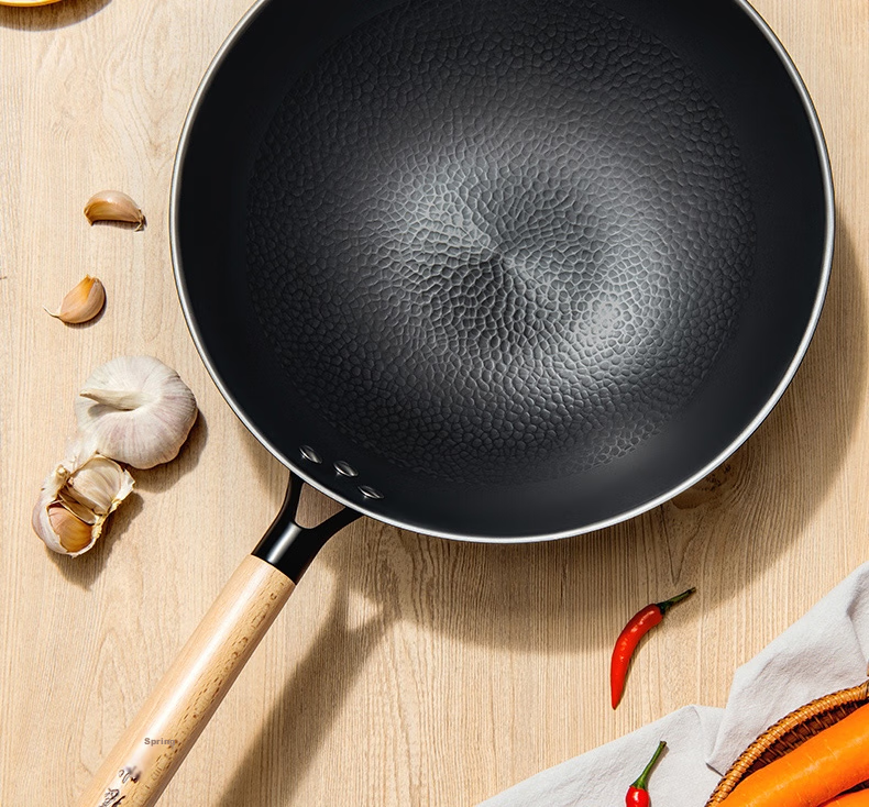 Zhangxiaoquan Uncoated Chinese Stir-Fry Wok, Fine Iron Pot, Hammered Pattern Bottom, Gas Stove Specific Model, 30cm with Lid, C30830300 6