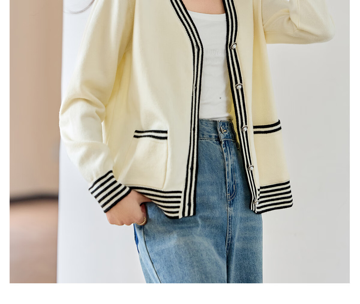 Chushen Women's Spring and Autumn Knitted V-Neck Sweater Color-Block Design Cardigan Jacket S143Z1008 14