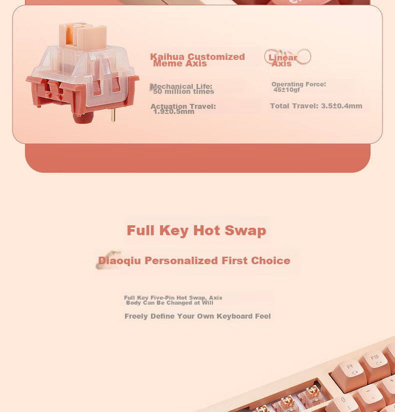 Hyeku Q3 87-Key Tri-Mode Wireless Bluetooth Customizable Mechanical Keyboard Full Hot-Swappable Gasket Structure Keyboard for Gaming And Office Use Peach Velvet Color Kailh Meme Switch 5