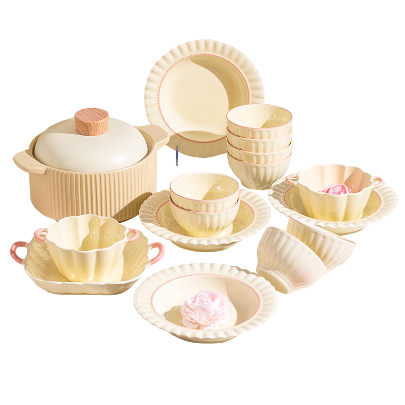 KANGMO 2026 New Cream Style Ceramic Bowl and Plate Set, High Aesthetic Household Dinnerware, Pink 36-Piece Set