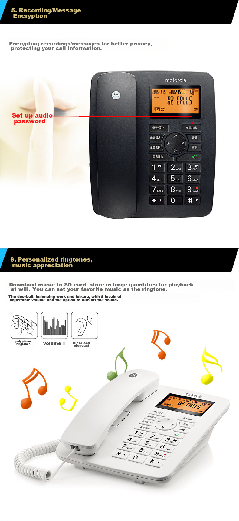 Motorola CT111C Conference Recording Telephone, Landline Phone, Office And Home Use, Smart TF Card Expansion Slot, Business Customer Service Call Center, Black 5