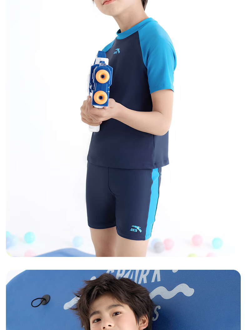ANTA Children's Two-Piece Swimsuit for Boys, 2024 New Style, Big Kids Swim Trunks, Sun Protection Professional Swimming Set, Sky Blue, Size 170 15