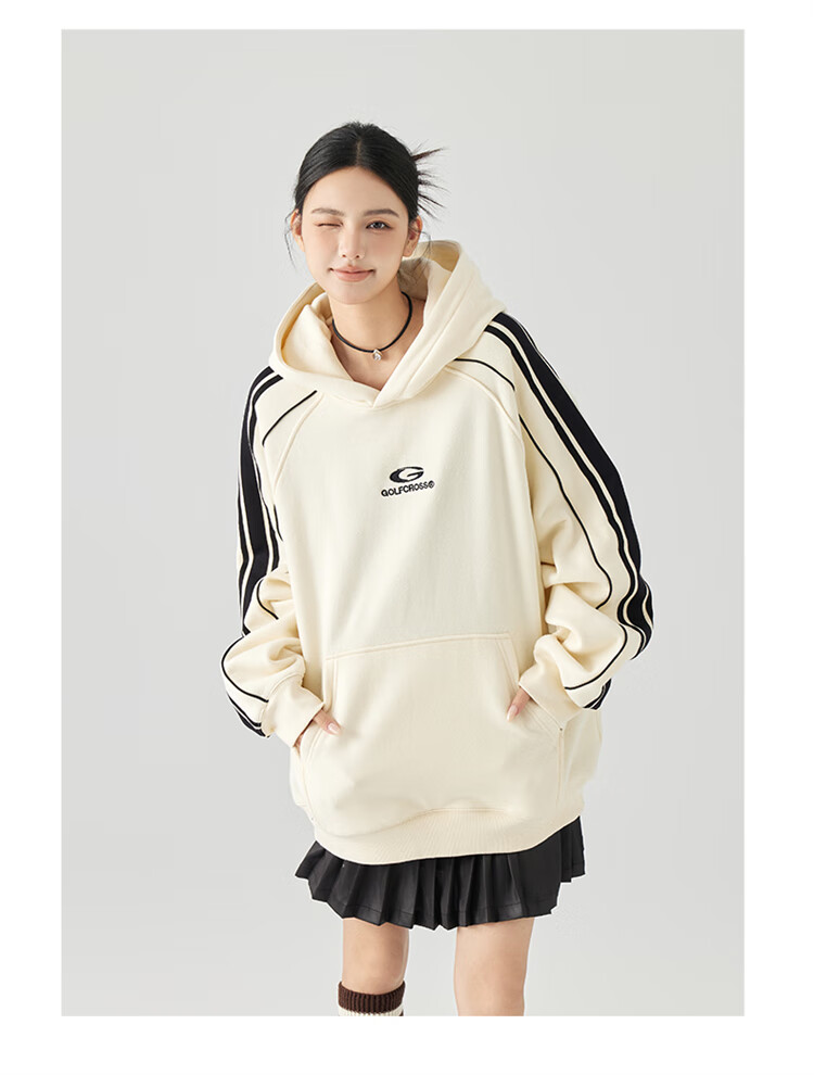 GOLFCROSS Couple's Retro Academic Style Striped Patchwork Color-Block Letter Embroidery Hoodie, Black, XXXL 14