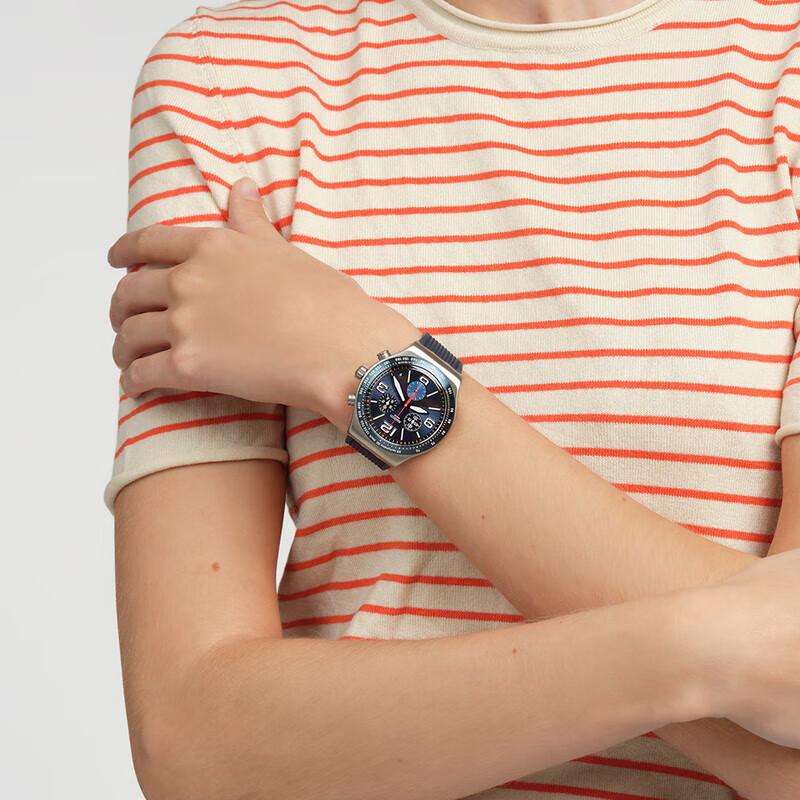 Swatch Swiss Watch, Three-Eye Timer Metal Series Business Casual Quartz Men's Watch Holiday Gift, Deep Blue Plaid Patter