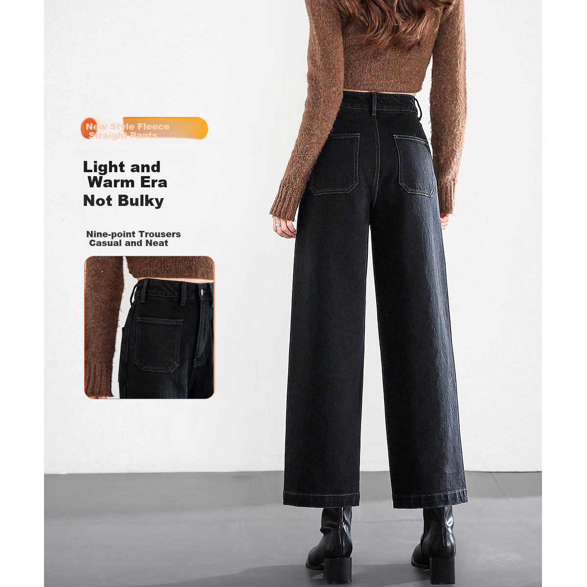 Dme Vintage Style Winter Double-Layer Thick Warm Fleece Straight-Leg Cropped Jeans for Women, Carbon Black, Size 26