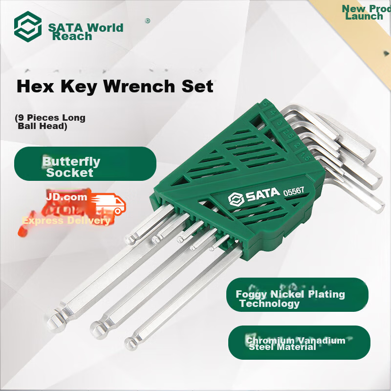 SATA 1.5-10MM Rainbow 9-Piece Extra-Long Ball-End Hex Key Set, Hex Screwdriver 09101CH