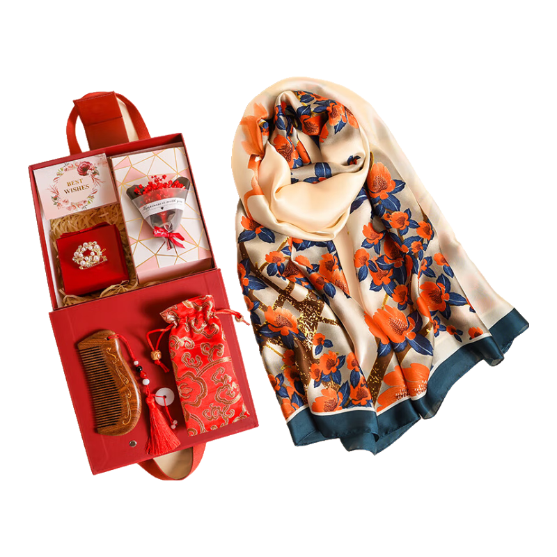 Hangsifu Silk Scarf for Women, Summer Shawl Wrap Scarf Set, Practical Birthday Gift for Mom, Elders And Wife, Mid-Autumn Festival Present