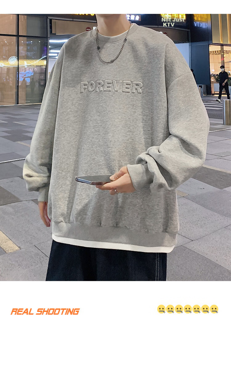 Dingfengbaoluo American Retro Crew Neck Sweatshirt for Men, Spring Trendy Steel-Printed Long-Sleeve Top DFL07 White XL 21