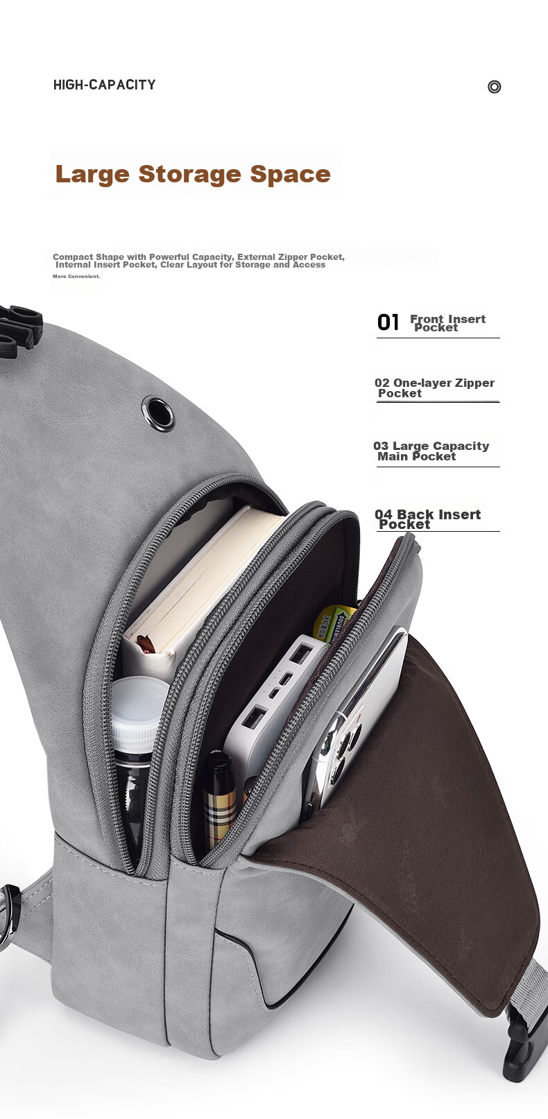 PLAYBOY Shoulder Crossbody Bag for Men, Large Capacity Multifunctional Chest Bag, Casual Backpack, Portable Travel Phone Bag, Gray 2