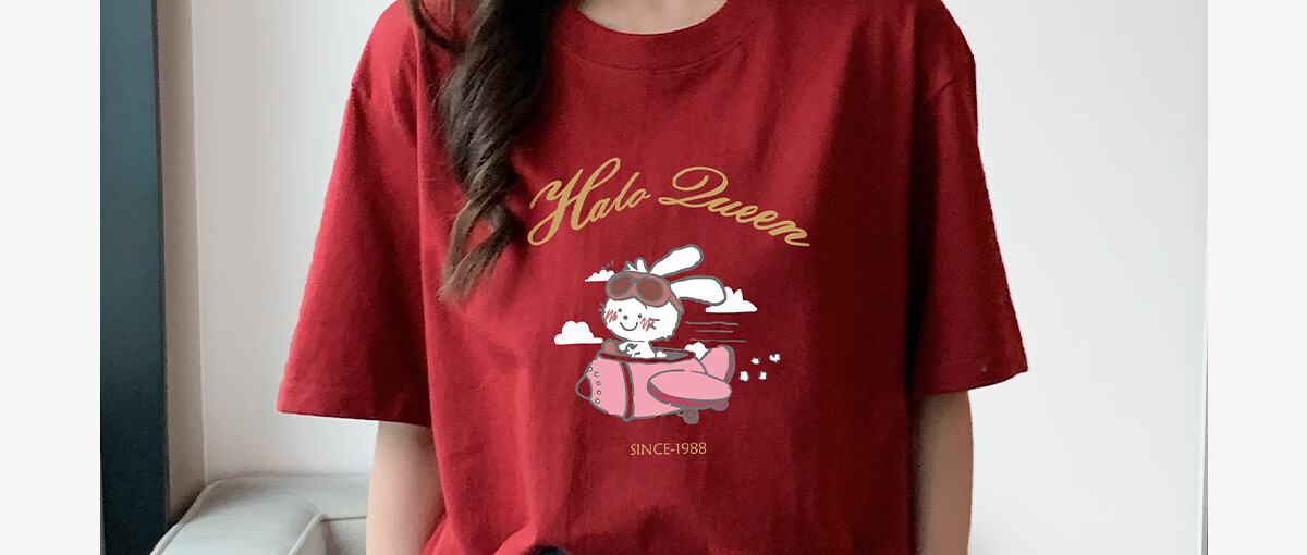 Halo Queen Women's Summer Short-Sleeve Round Neck T-Shirt, Cute Rabbit Print T-Shirt, Loose-Fitting Slimming Top, Women's H143T1417 2