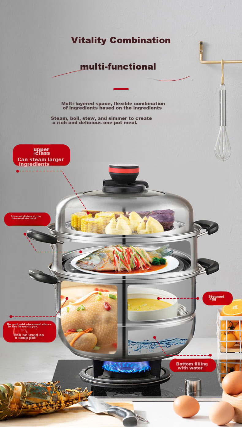 ASD Steamer Pot, Three Layers, 30CM Thickened Base, High-Arch Lid, Large Capacity Fish Steaming Pot, ZS30A5WG 10
