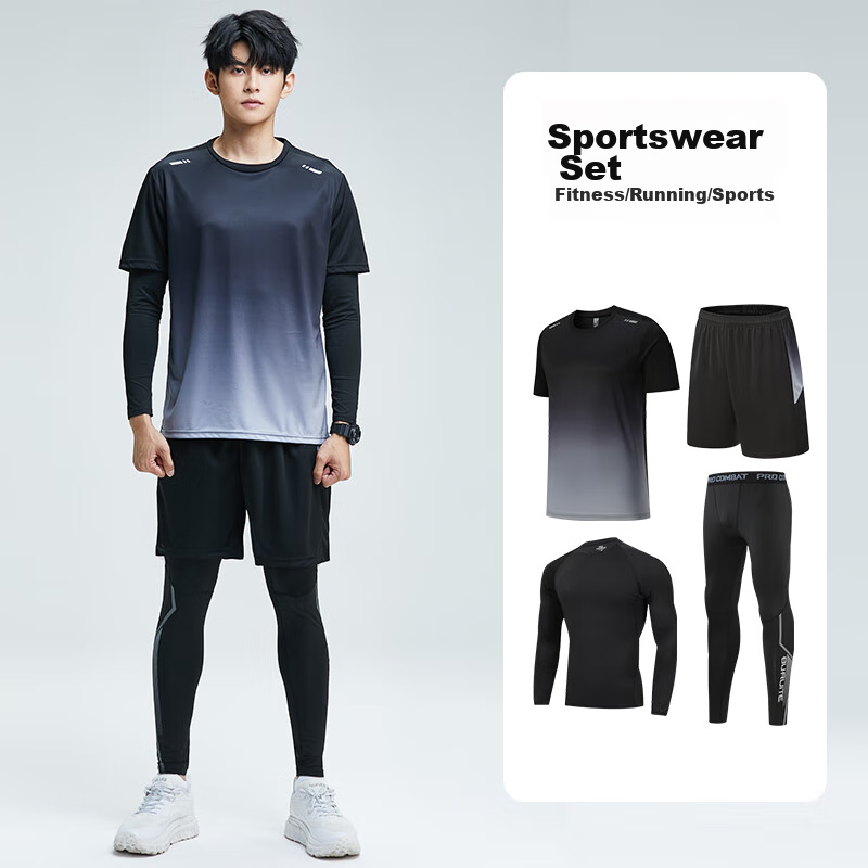 BURUITE Men's Sports Set, Running Gear, Morning Jog Fitness Wear, Cycling Training Tight-Fitting Quick-Dry Shirt, Badminton Outfit, Spring And Autumn Seaso