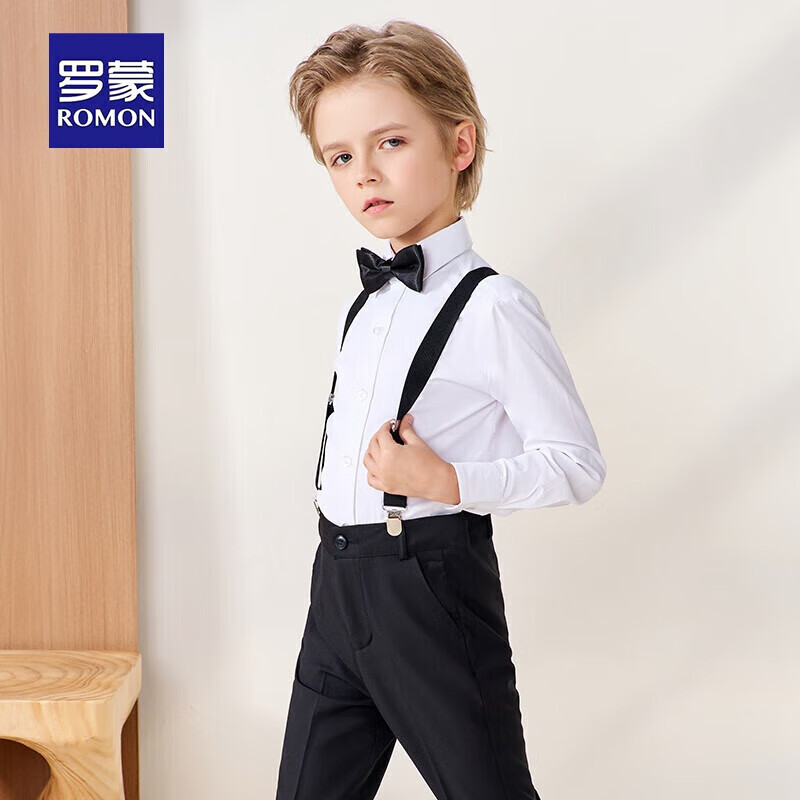 ROMON Children's Formal Wear, Holiday Performance Outfit, Boys' Graduation Host Long-Sleeve Long Pants Suspender Suit, Black, Size 170