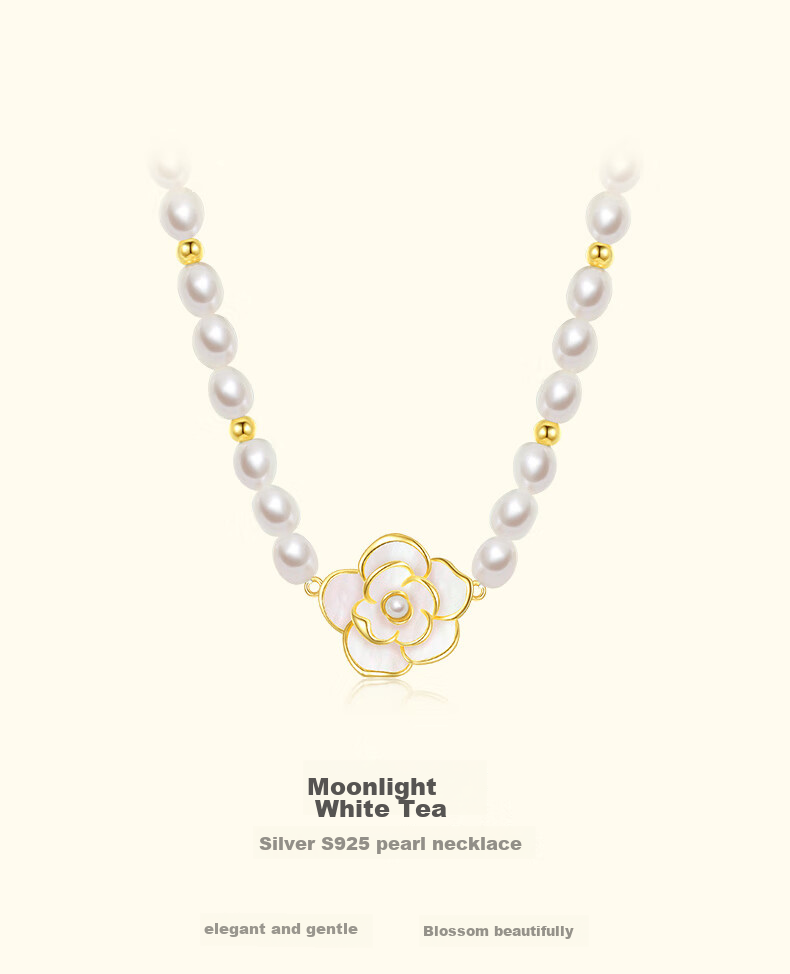 CHOW TAI SENG [Birthday Gift] Camellia Pearl Necklace, Pure Silver Women's Sweater Chain, Elegant Collarbone Chain for Girlfriend 2