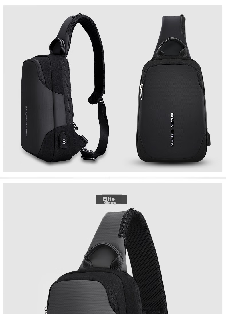 MARK RYDEN Chest Bag, Men's Crossbody Bag, Sports Trendy Shoulder Bag, Small Backpack, 9.7-Inch IPad Bag, MR7056, Elegant Black 16