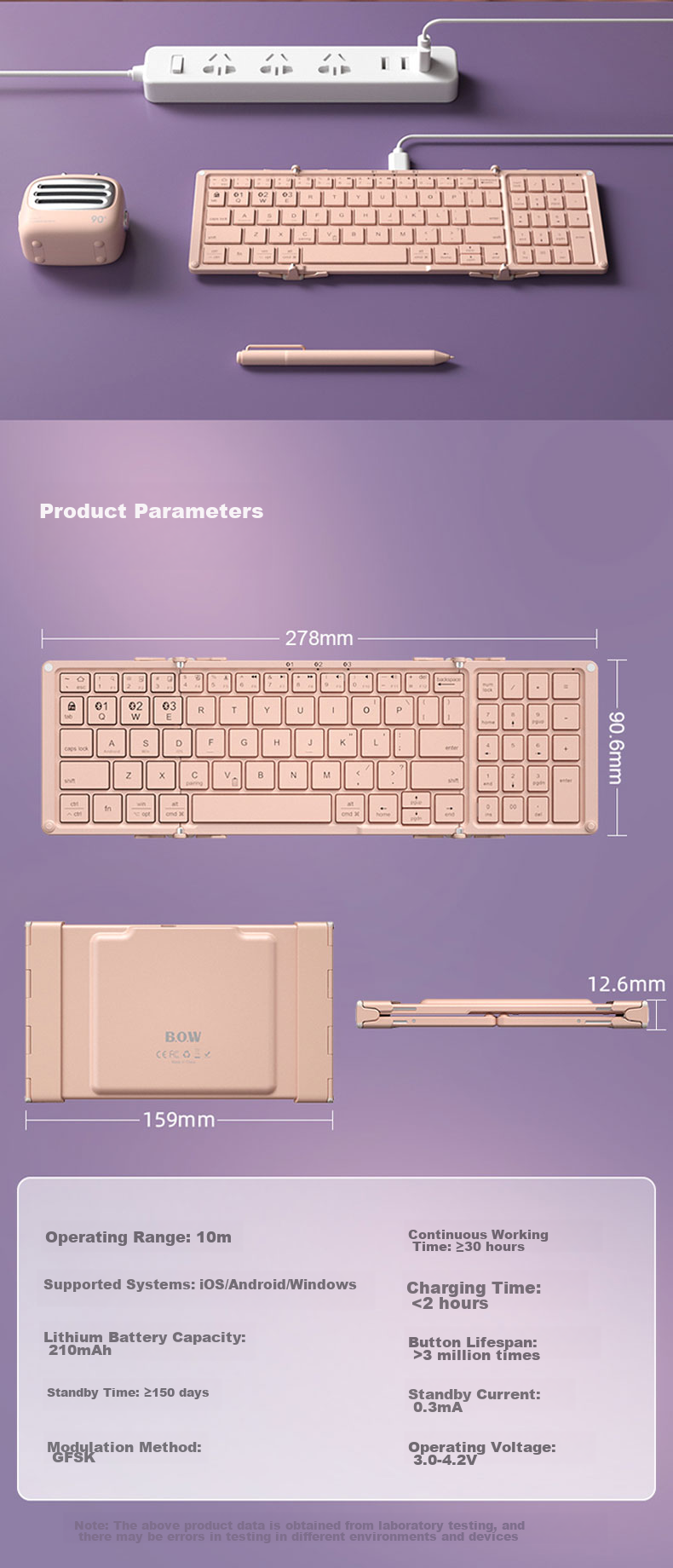 B.O.W Hangshi HB166 Foldable Wireless Bluetooth Keyboard, 79 Keys, Compatible with IPad, Tablet, Smartphone And Computer, Universal Office Keyboard, Black 5