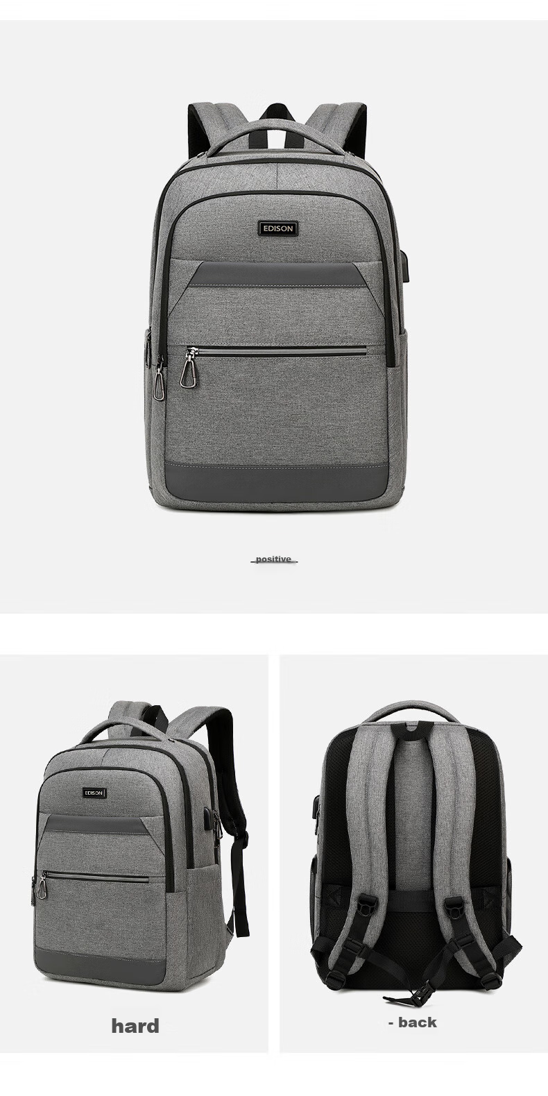 Edison Men's Backpack Business Travel Commute Laptop Bag Water-Resistant Backpack E02-2 Gray 19