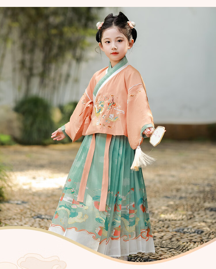 Luomeng Girls' Ming Dynasty Hanfu Chinese Style Children's Horse-Face Skirt Set Performance Costume, Hanfu Cobalt Blue Two-Piece Set, Size 160 3