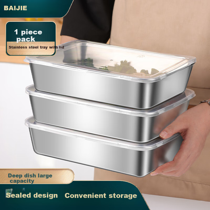BJ 304 Extra Thick Stainless Steel Rectangular Tray, Serving Tray for Street Vendors, Cold Dish Plate, Barbecue Plate, Large Food Storage Container with Lid, 1 Piece