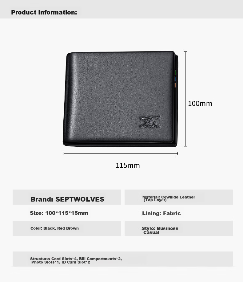 SEPTWOLVES Men's Top-Grain Leather Short Wallet, ID Holder, Card Holder, Birthday Gift Box for Husband, Boyfriend, Father 7