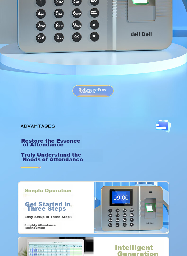 Deli Attendance Machine Facial Recognition Clock-In Device, Visible Light Dynamic Face Recognition Attendance, Liveness Detection, Bluetooth Connects to Phone WeChat Mini Program Management D50W 6