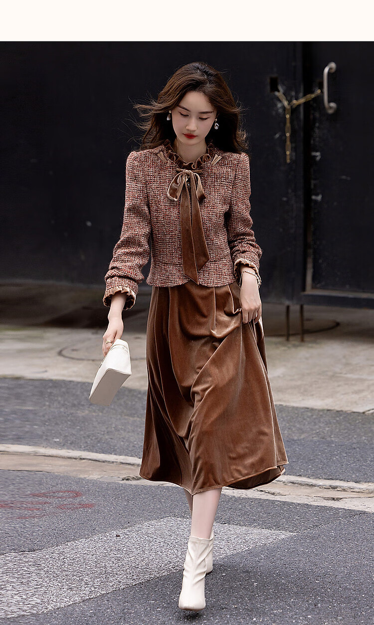DME Winter Elegant Little Chanel Style Wool Blend Faux Two-Piece Ribbon Collar Ruffle Edge Dress Brown Red XL 10
