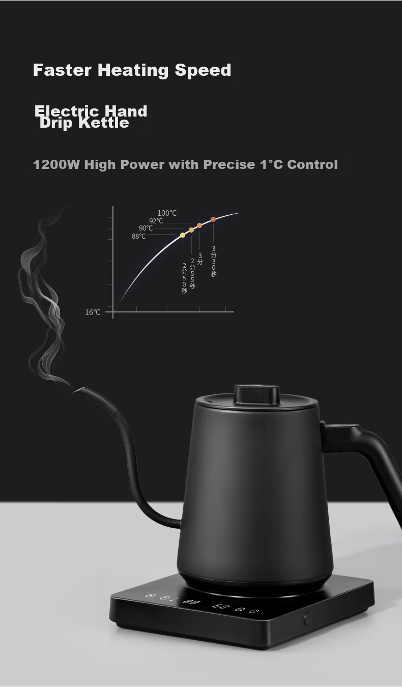 Hero Unnamed Hand-Pressed Coffee Maker with Temperature Control, Fine-Mouthed Kettle, Electric Kettle for Brewing Tea, Temperature-Controlled Electric Pour-Over Kettle, Black 6