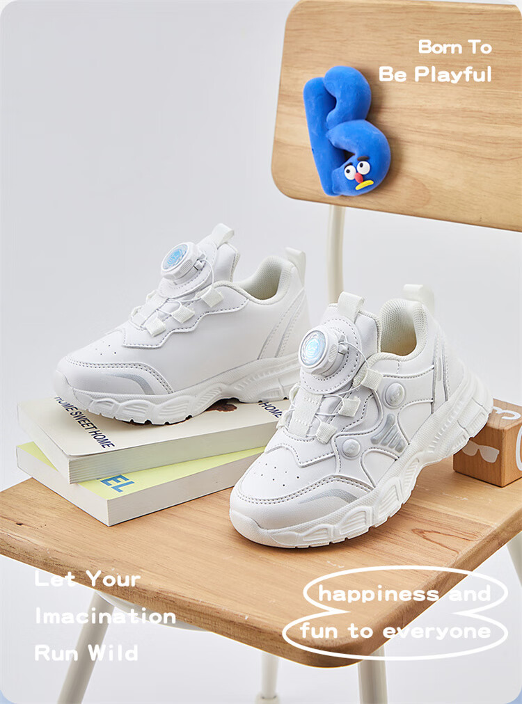 B.Duck Children's Sports Shoes, White School Campus Sneakers, Waterproof Leather Upper, Boys And Girls Shoes, White Color, Size 27 2