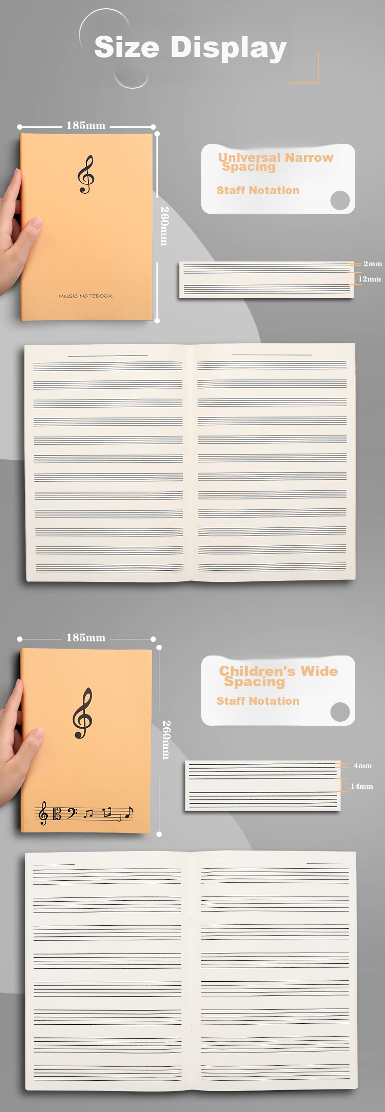 Jinzhi B5/40 Pages, 5-Book Set with Black Card Cover And Staff Paper, Large Spacing Student Sheet Music Notebook, Piano Guitar Practice Music Notebook for Children Beginners, Wide-Spaced Musical Score Book 10