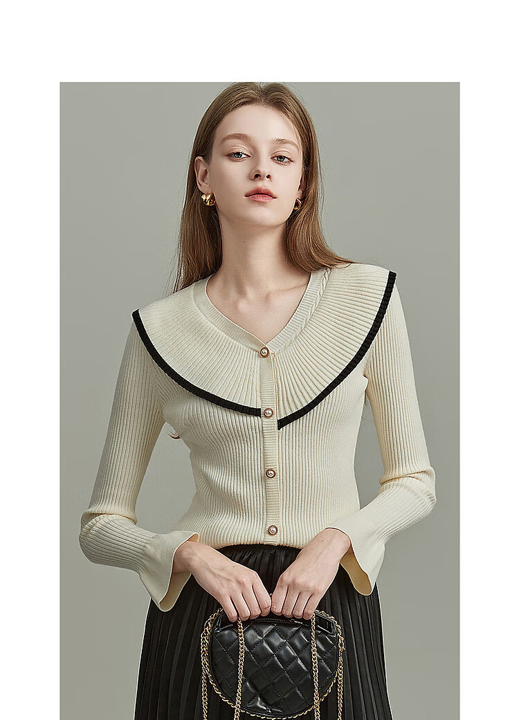 Dme V-Neck Faux Fur Cardigan with Ruffle Trim And Contrasting Color, Ruffle Trim Knit Sweater Women's Top, Black, S 11
