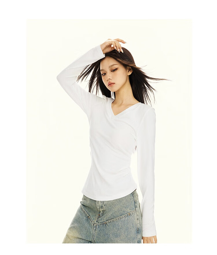 La Chapelle Black V-Neck Long Sleeve Slim Fit T-Shirt for Women 2025 Autumn Winter New Black XL 17