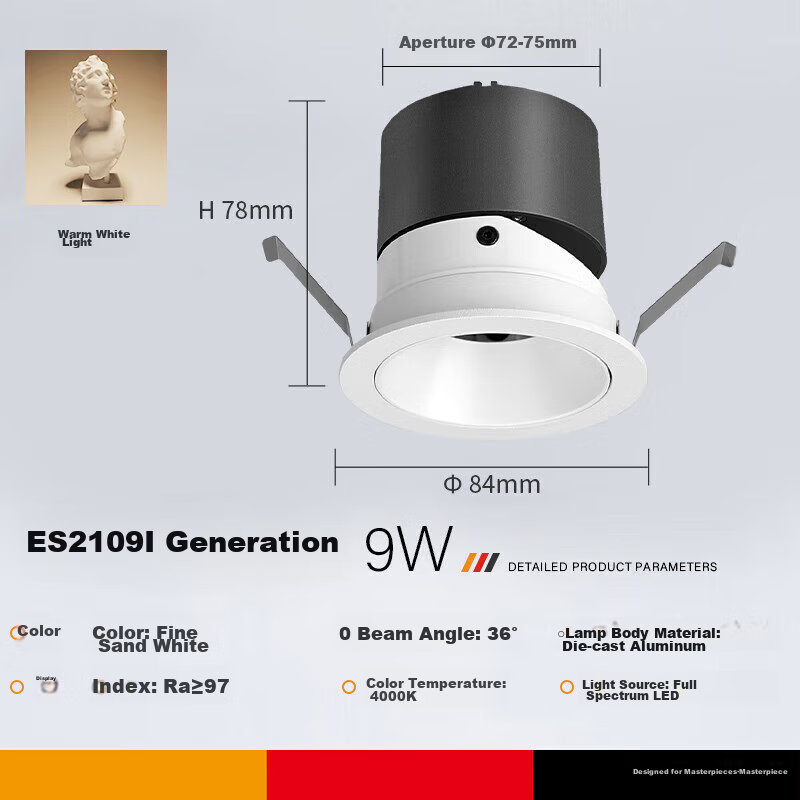 CDN LED Spotlight, Recessed, for Home Use without Main Light, Full Spectrum Anti-Glare Wall Washer, 9W, 4000K, 36°