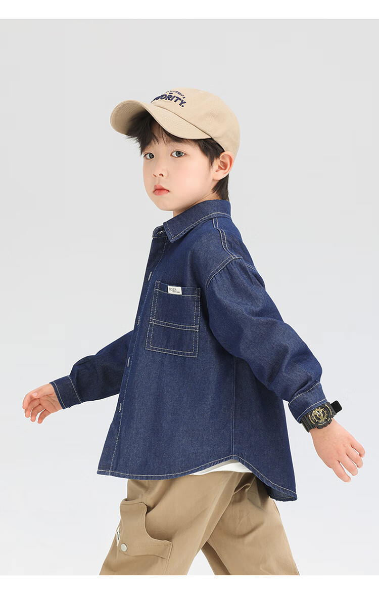 Zuo Xi Boys Denim Shirt Children's Jacket Long Sleeve 2025 New Spring Autumn Boys Shirt Dark Denim 160 8