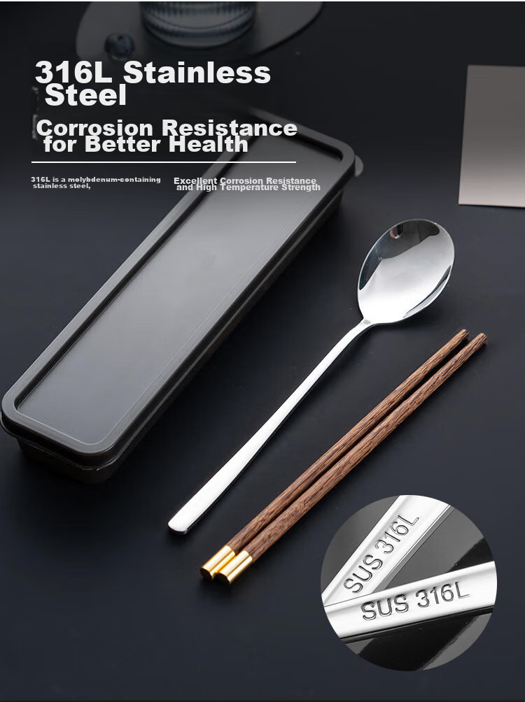 Shihua 316L Stainless Steel Spoon And Wooden Chopsticks Set, Chicken Wing Wood Portable Chopsticks And Spoon Three-Piece Set 2