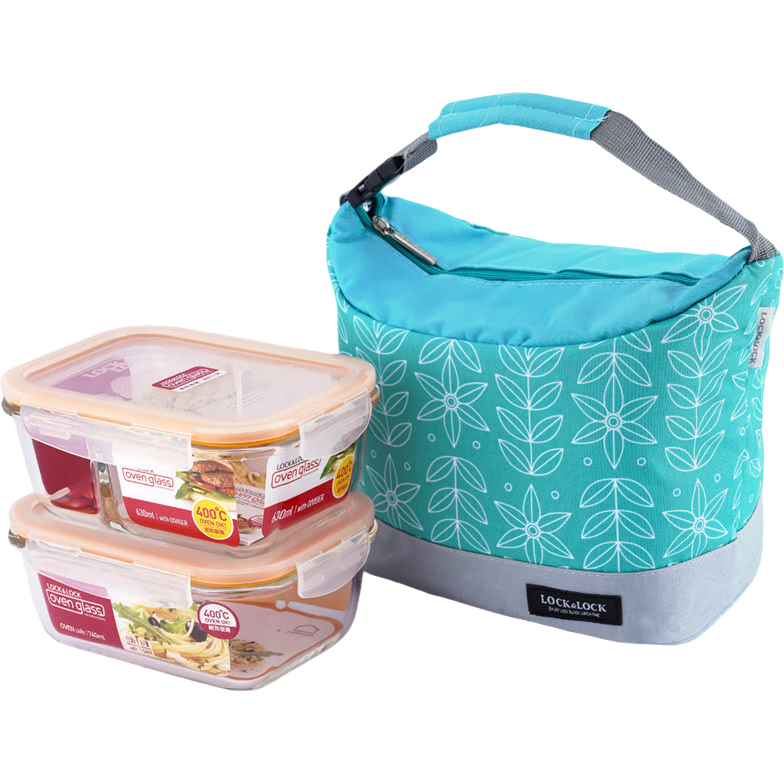 LOCK&LOCK Heat-Resistant Glass Food Storage Containers, Microwave-Safe Lunch Boxes, Office And Student Divided Meal Boxes, Refrigerator-Safe with Lunch Bag Set of Two