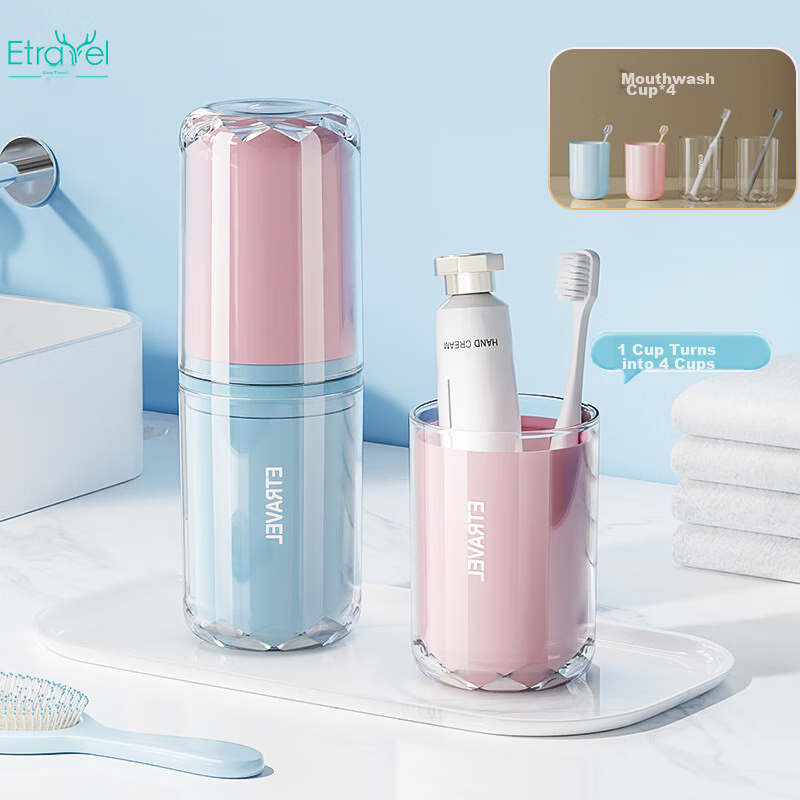 Etravel Multi-Functional Four-In Travel Toothbrush Cup Set with Mouthwash Cup, Portable, 4 Cups, Pink And Blue