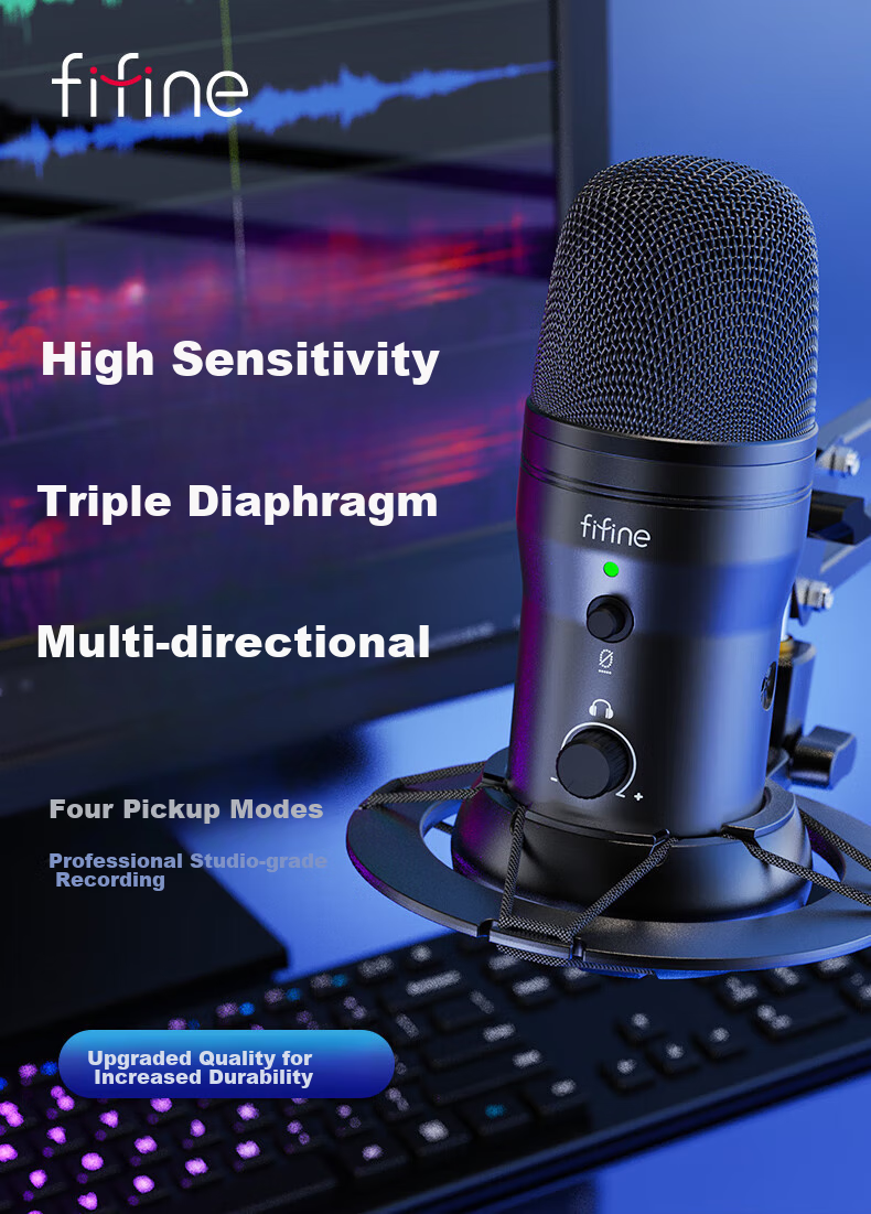 FIFINE Microphone, Condenser Noise Reduction for Recording And Voice-Over, Mobile Phone And Computer Desktop Conference Gaming Voice Karaoke Live Streaming Monitoring Headphones, Wired USB Sound Pickup Microphone K690 2