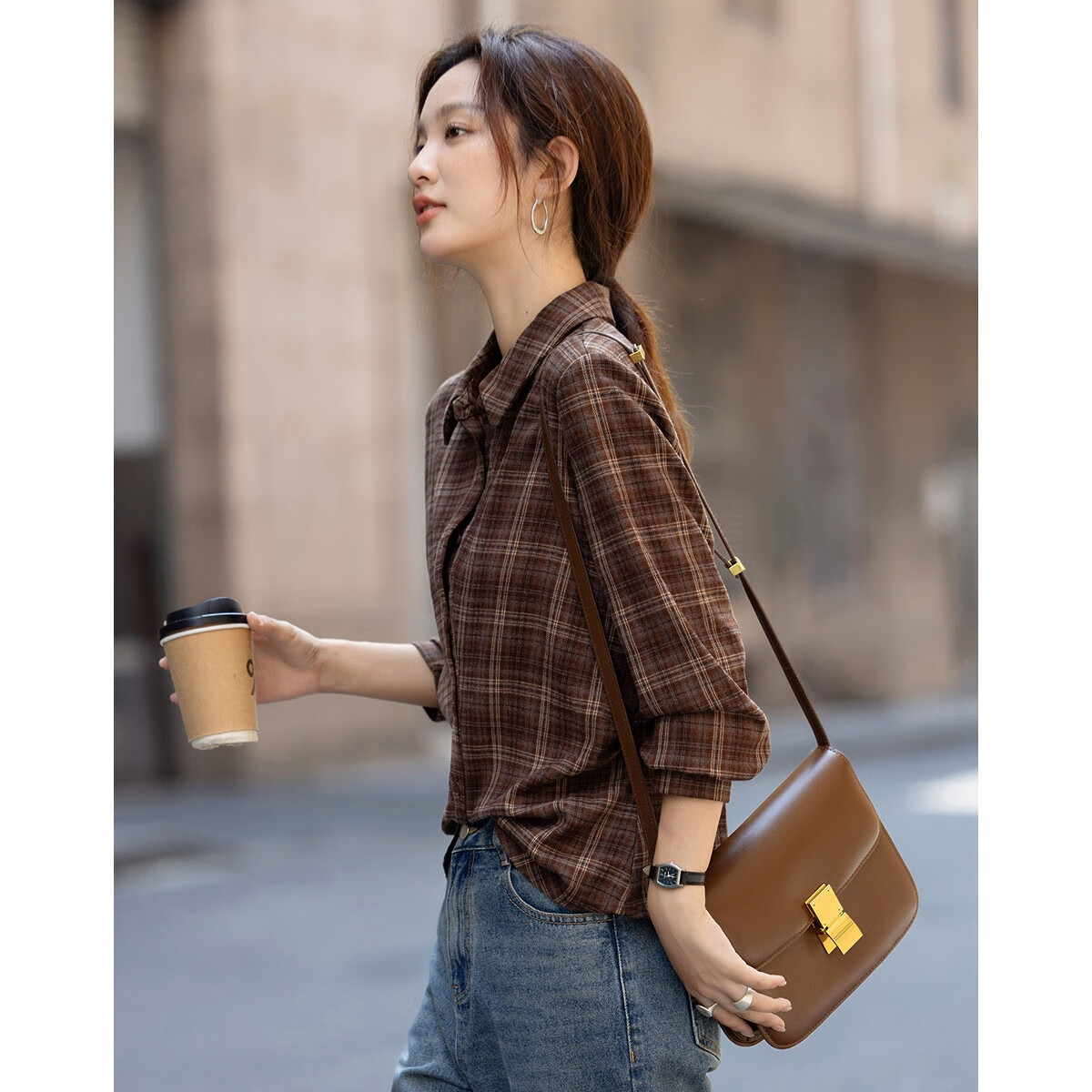 Demana [Geometric Aesthetics] Winter Smart Commuter Plaid Lapel Shirt with Side Pleats and Waist Cinch Women's Blouse