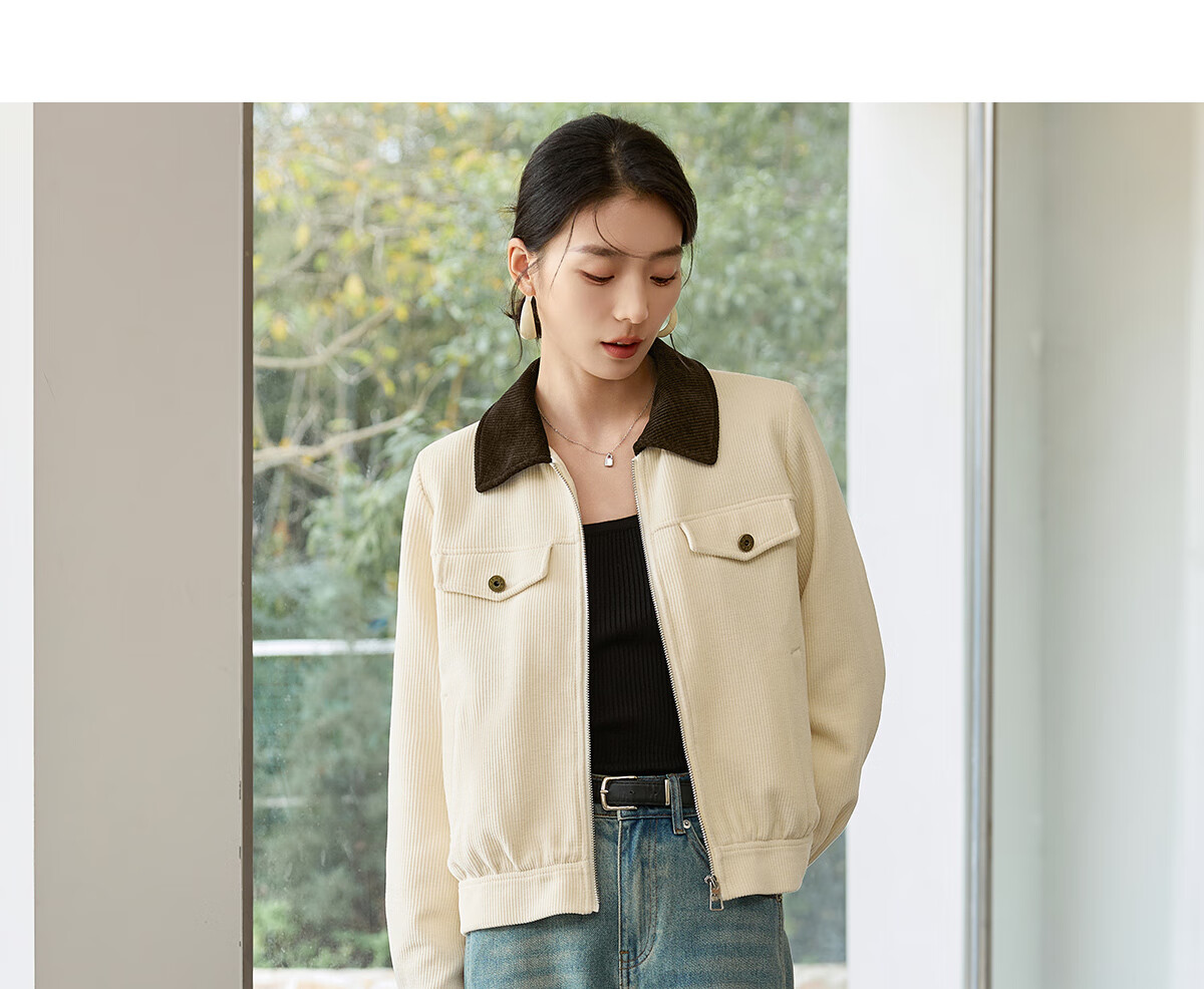 Chushen Vintage Corduroy Short Jacket for Women, Fashionable Color-Block Collar, Casual Versatile Short Coat S51D018 12