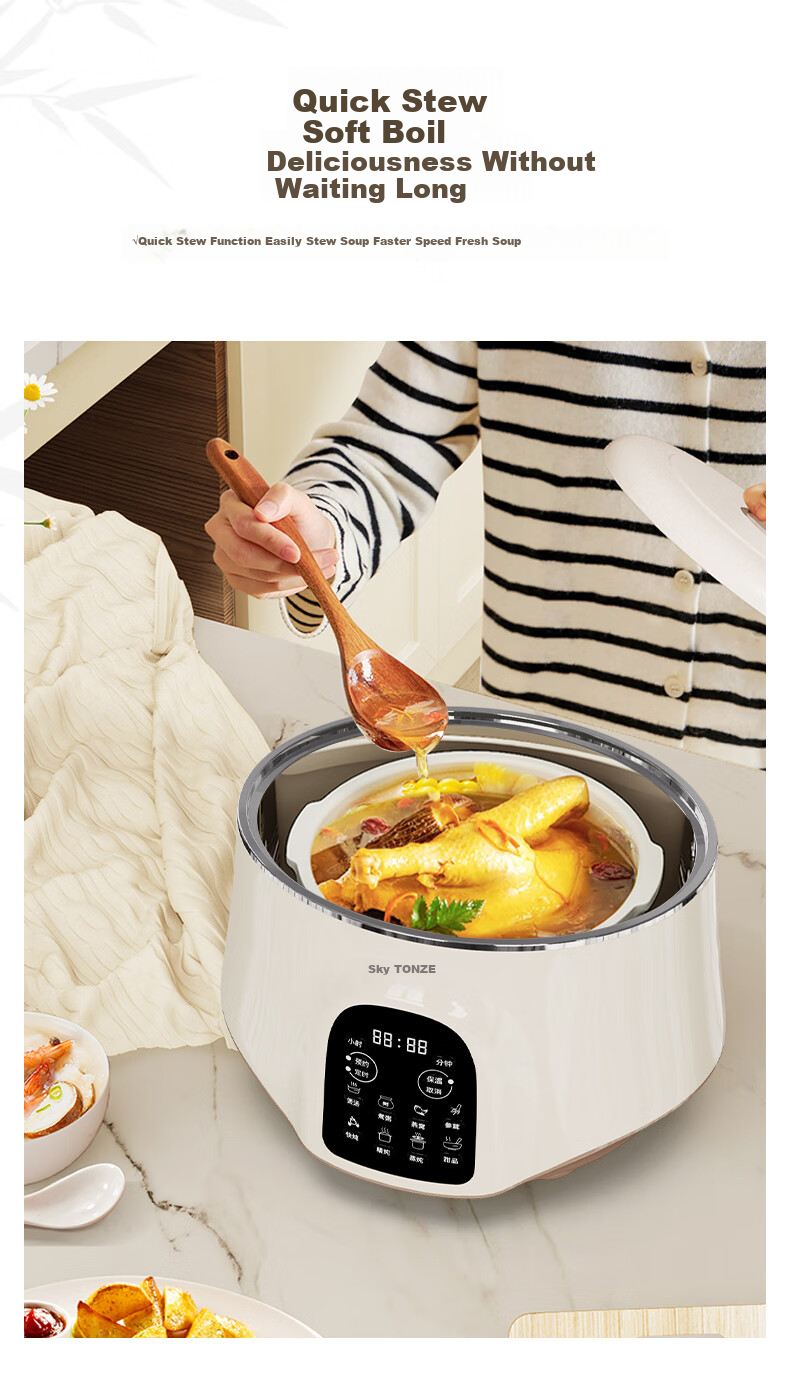 TONZE Stainless Steel Waterless Electric Stew Pot, Fully Automatic Soup Cooker, 3-6 Person Ceramic Bird's Nest Stew Pot, 3.5L GSD-353GE2 10
