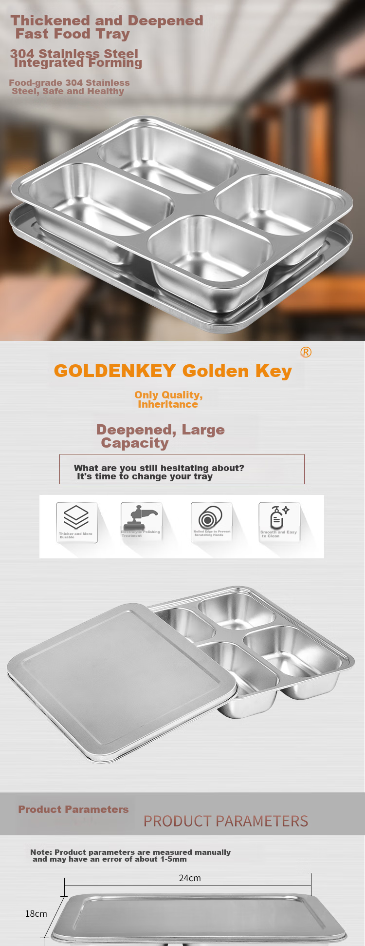 Golden Key 304 Stainless Steel Thickened Adult Lunch Tray Full Steel High-Profile Five-Compartment with Lid GK-530KC 1