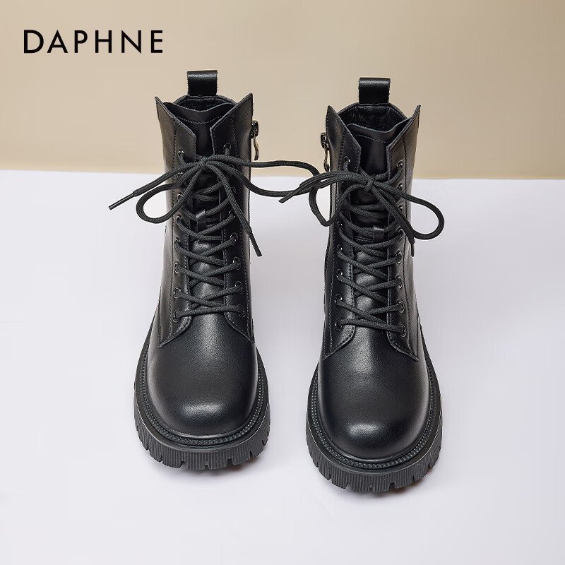 DAPHNE Black Martin Boots for Women, 2025 Autumn And Winter Fleece-Lined Leather Boots, Thick-Soled British Style Heightening Boots, Ankle Boots