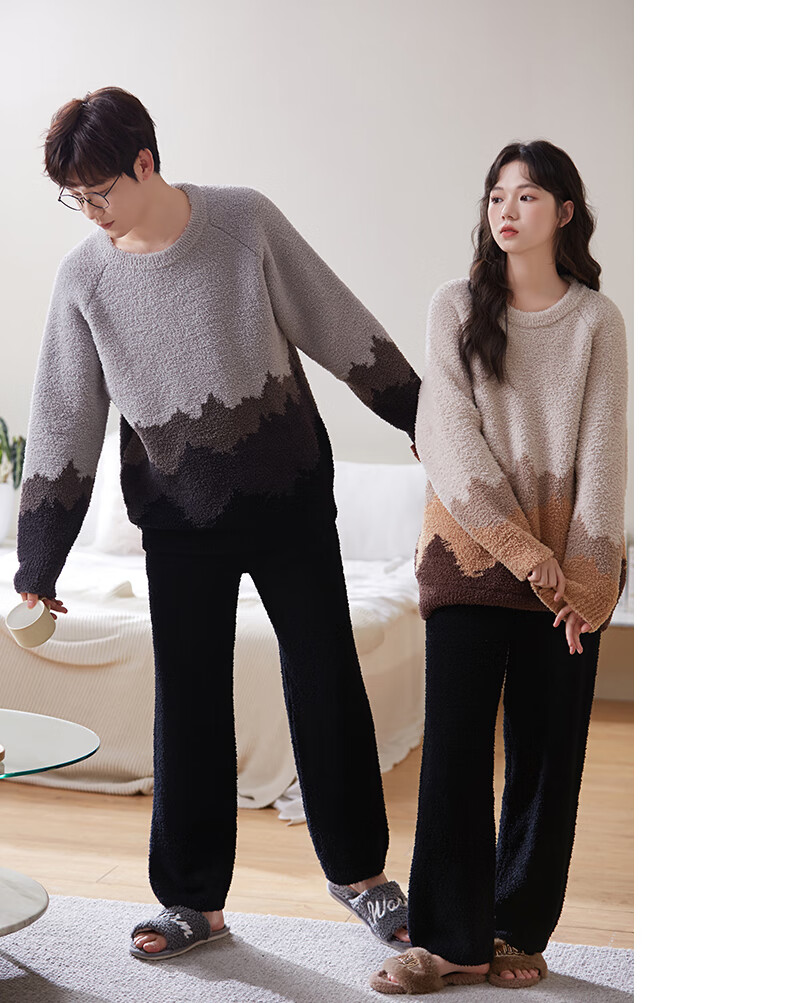 Shaqian Couple's Pajamas, Autumn And Winter Half-Fleece Women's Style, Thickened Warm Coral Fleece Men's Casual Home Wear Set 11