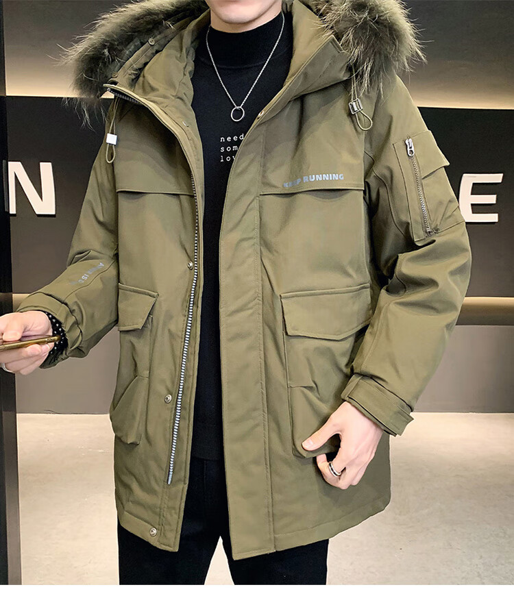 JEEP SPIRIT Men's down Jacket, Autumn And Winter Workwear Fur Collar Coat, Mid-Length Parka for Men, Army Green, Size L 7