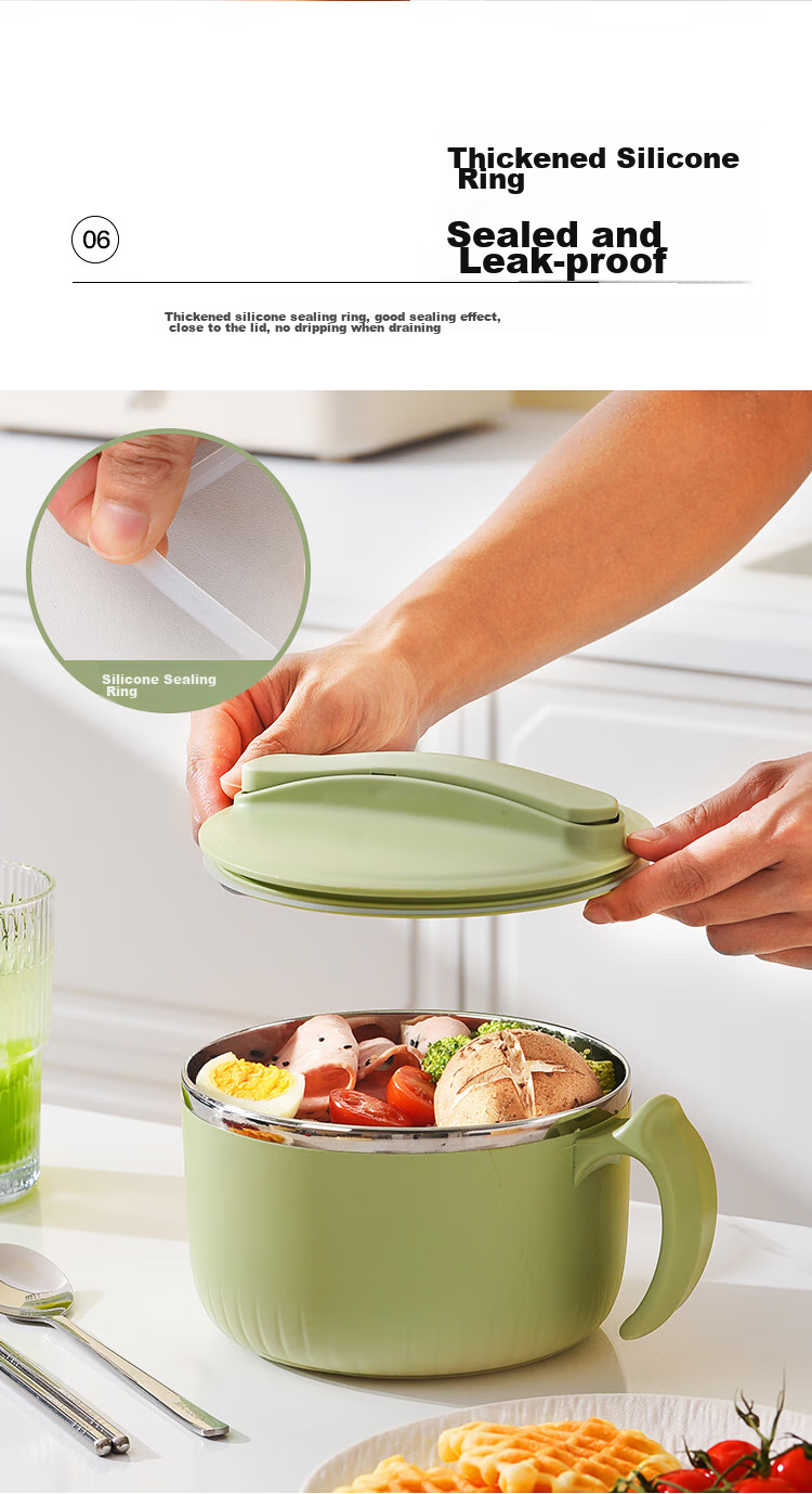 MAXCOOK 316L Stainless Steel Ramen Bowl, Student Lunch Box, Meal Cup, Noodle Cup 1200ML, Comes with Chopsticks And Spoon, Green MCWA9690 9